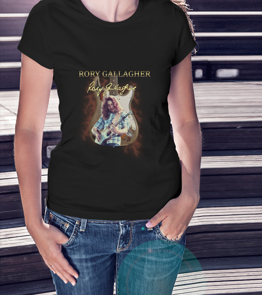 Rory Gallagher Signature Guitar With Lightning And Performer Image T-Shirt