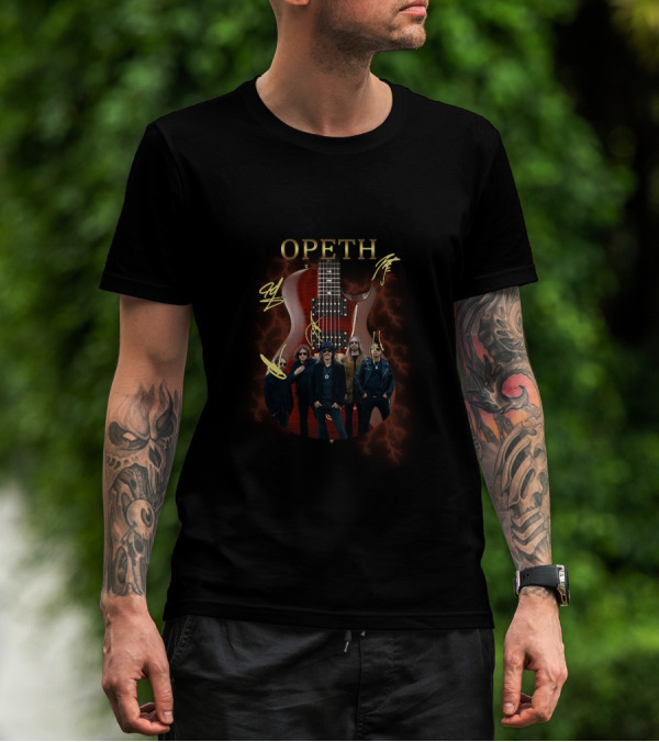 Opeth Signed Guitar With Band Members And Lightning Background T-Shirt