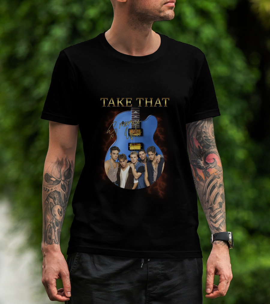 Take That Group Photo With Blue Guitar And Signatures T-Shirt