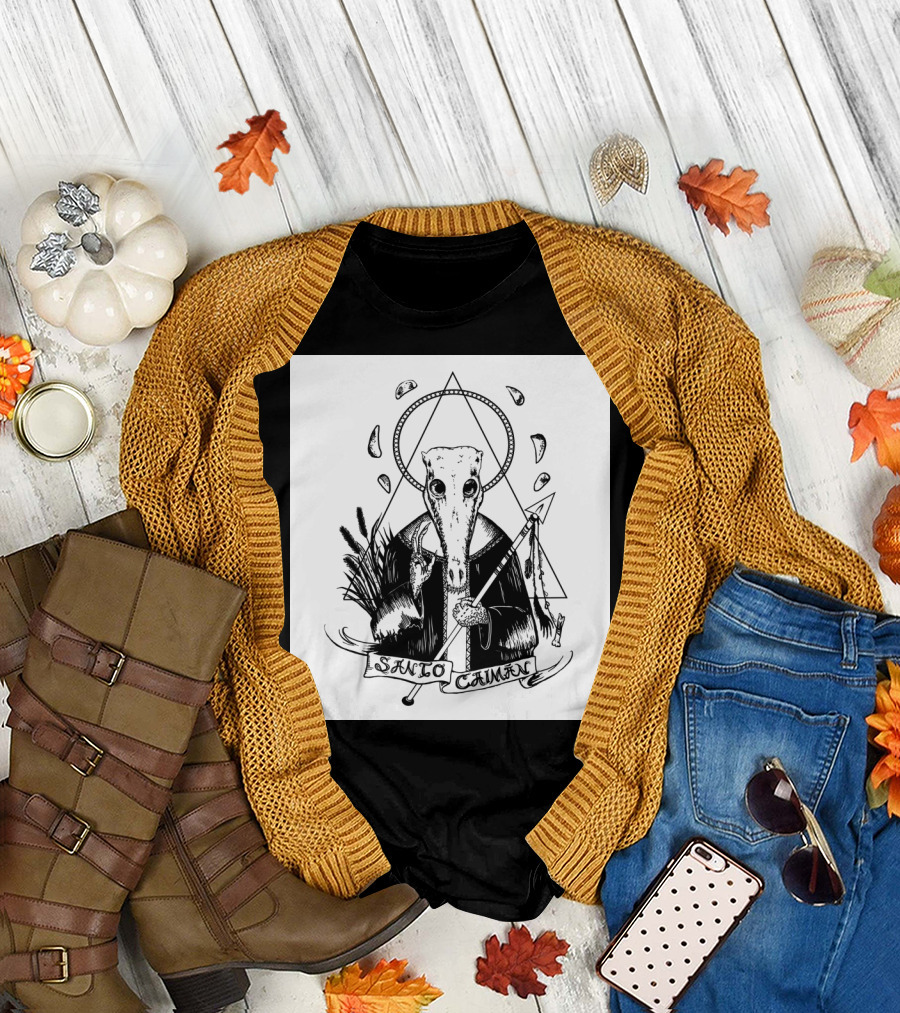 Santo Caiman Alligator Skull Halo Triangle Sacred Icon with Staff and Reeds T-Shirt