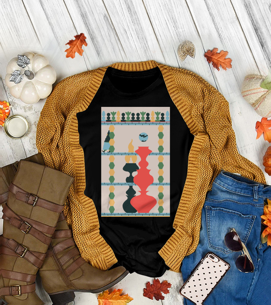 Tropical Geometric Pattern with Vase and Flame Elements T-Shirt