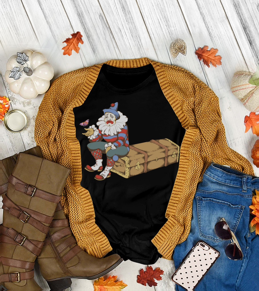 Clown Sitting on Trunk with Butterfly in Circus Scene T-Shirt