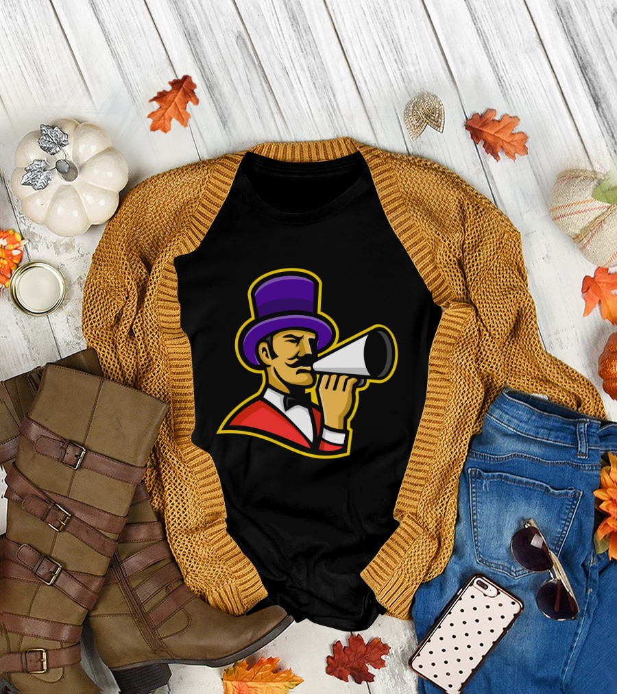 Circus Ringleader Ringmaster Mascot with Purple Top Hat and Megaphone T-Shirt