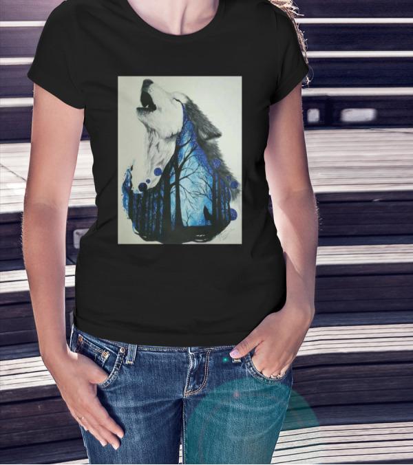 Howling Wolf With Starry Forest Silhouette Night Dance T-Shirt