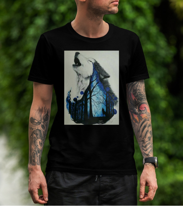 Howling Wolf With Starry Forest Silhouette Night Dance T-Shirt