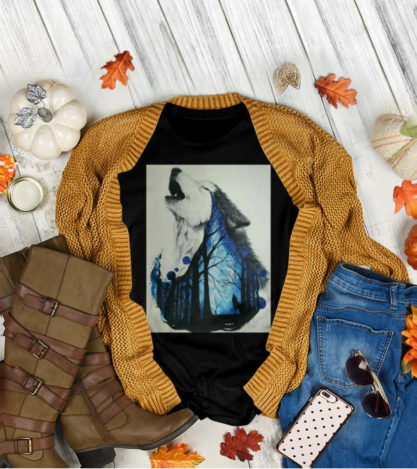 Howling Wolf With Starry Forest Silhouette Night Dance T-Shirt