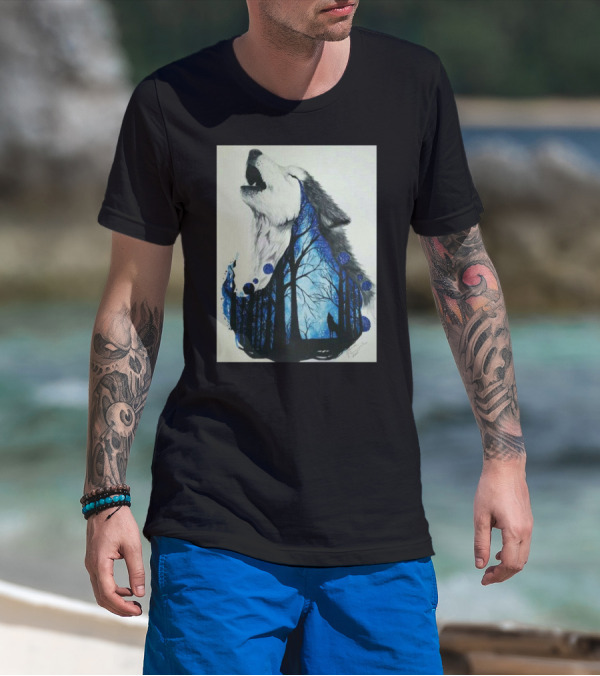 Howling Wolf With Starry Forest Silhouette Night Dance T-Shirt