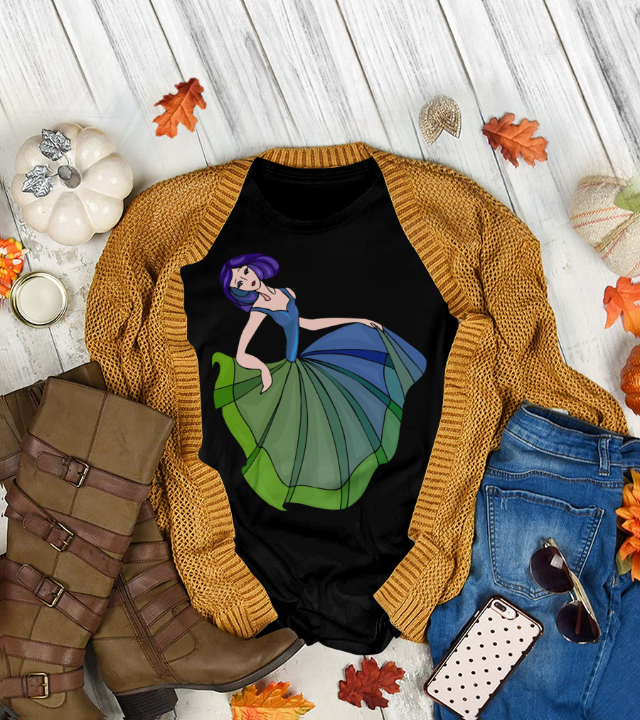 Colorful Dress Lady Best Dance Illustration Purple Hair Green Blue T-Shirt