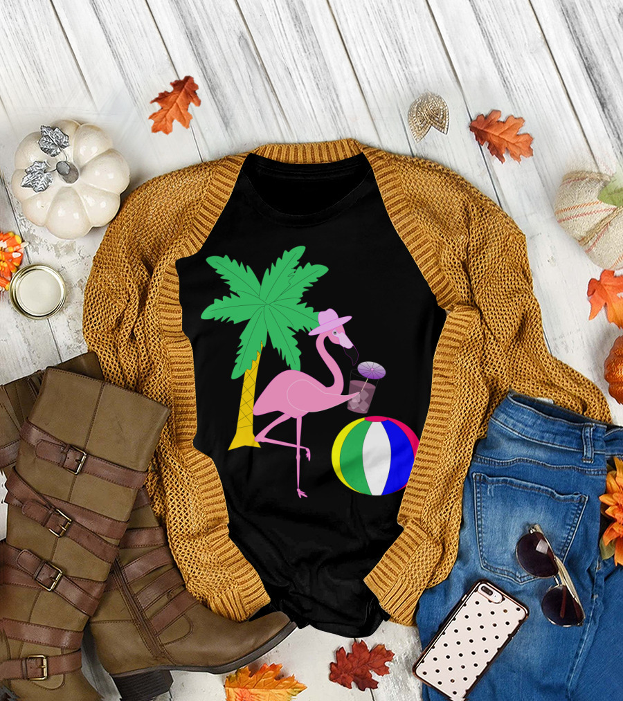 Playful Vacation Flamingo with Beach Ball and Palm Tree T-Shirt