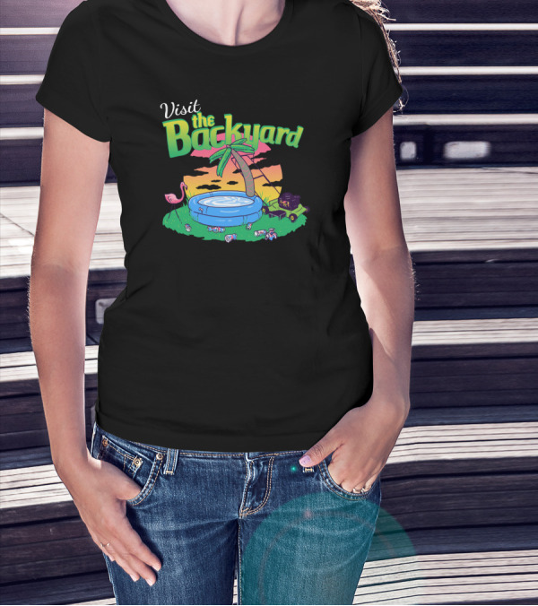 Visit The Backyard Vacation Sunset With Inflatable Pool, Palm Tree, Flamingo, Cans, And Radio T-Shirt