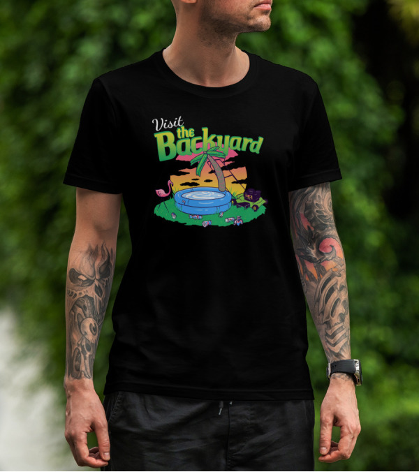 Visit The Backyard Vacation Sunset With Inflatable Pool, Palm Tree, Flamingo, Cans, And Radio T-Shirt