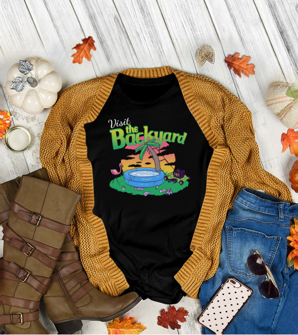 Visit The Backyard Vacation Sunset With Inflatable Pool, Palm Tree, Flamingo, Cans, And Radio T-Shirt