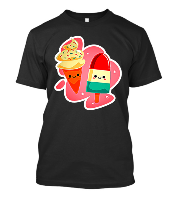 Happy Ice Cream And Popsicle With Sprinkles Faces In Playful Cartoon T-Shirt
