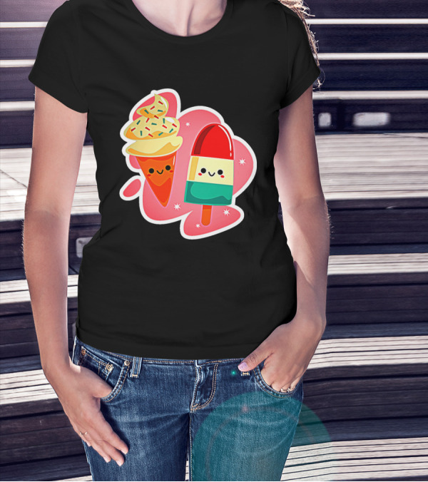 Happy Ice Cream And Popsicle With Sprinkles Faces In Playful Cartoon T-Shirt