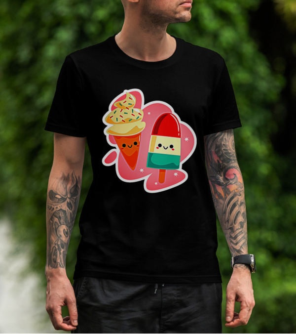 Happy Ice Cream And Popsicle With Sprinkles Faces In Playful Cartoon T-Shirt