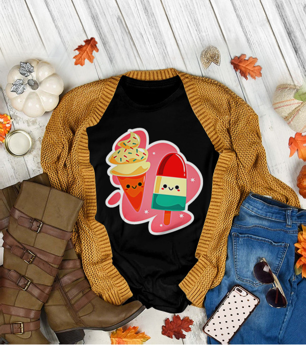 Happy Ice Cream And Popsicle With Sprinkles Faces In Playful Cartoon T-Shirt