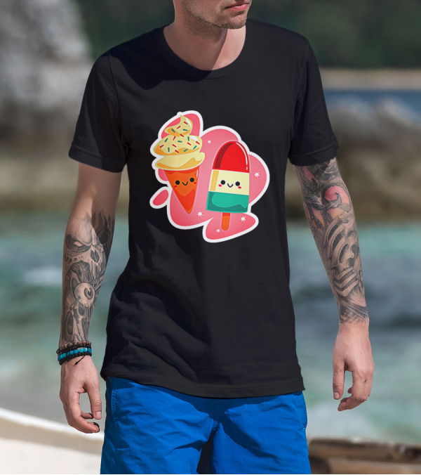 Happy Ice Cream And Popsicle With Sprinkles Faces In Playful Cartoon T-Shirt