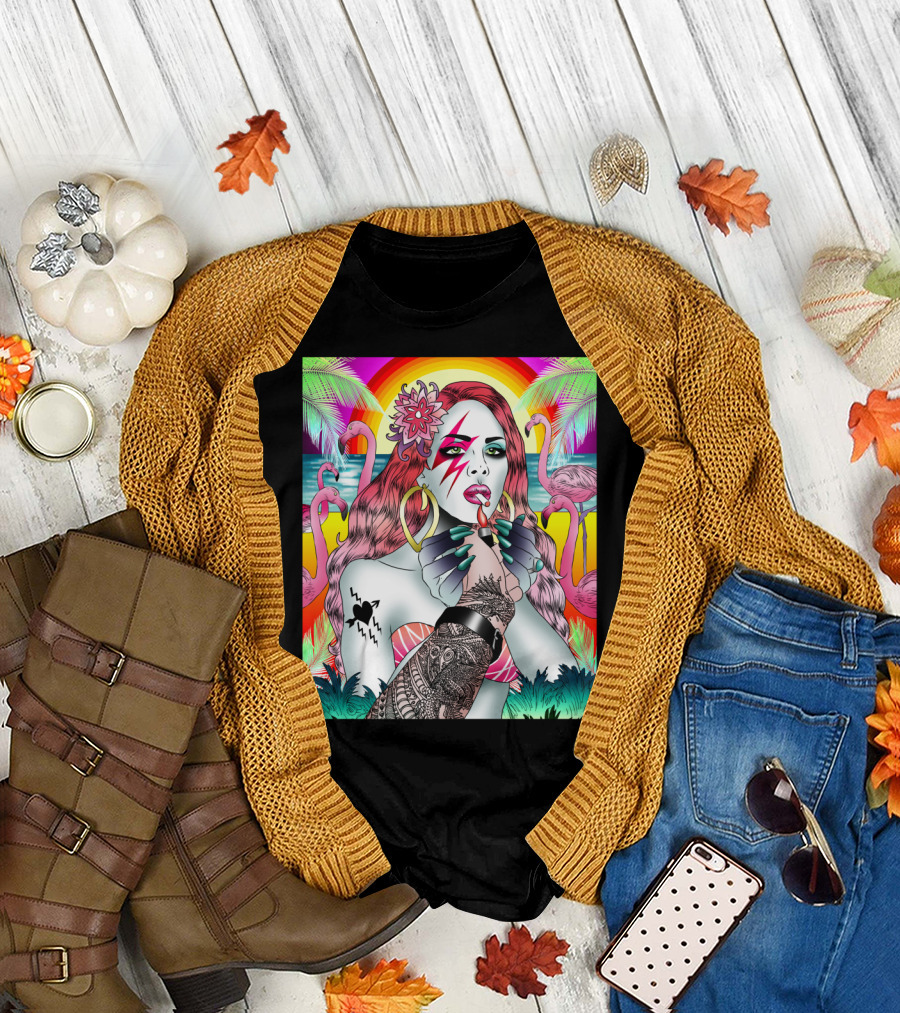 BowieLana Tropical Flamingo Makeup Zigzag Tattoo Rainbow Surreal T-Shirt