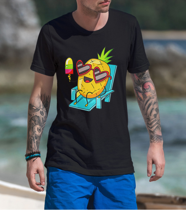 Sunglasses-Wearing Pineapple Relaxing With Popsicle And Joyful Expressions T-Shirt
