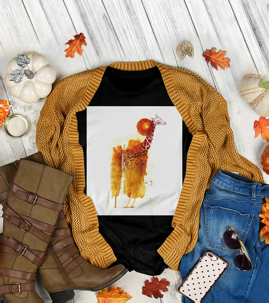 Giraffe Watercolor Art with Vibrant Orange Sun Behind T-Shirt