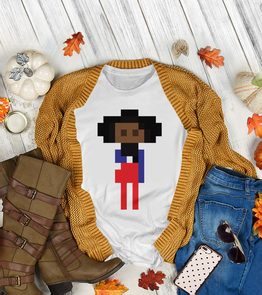 Pixel Art Style Black Girl Nerd Icon Figure in Red and Blue T-Shirt