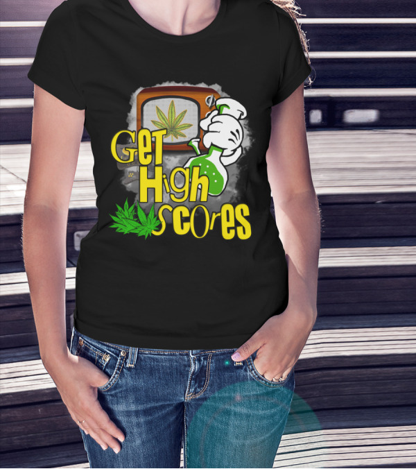 Get High Scores Retro TV Gaming Cannabis Chemistry Visuals T-Shirt