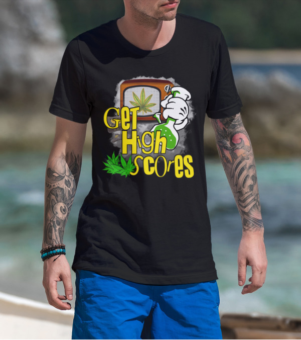Get High Scores Retro TV Gaming Cannabis Chemistry Visuals T-Shirt