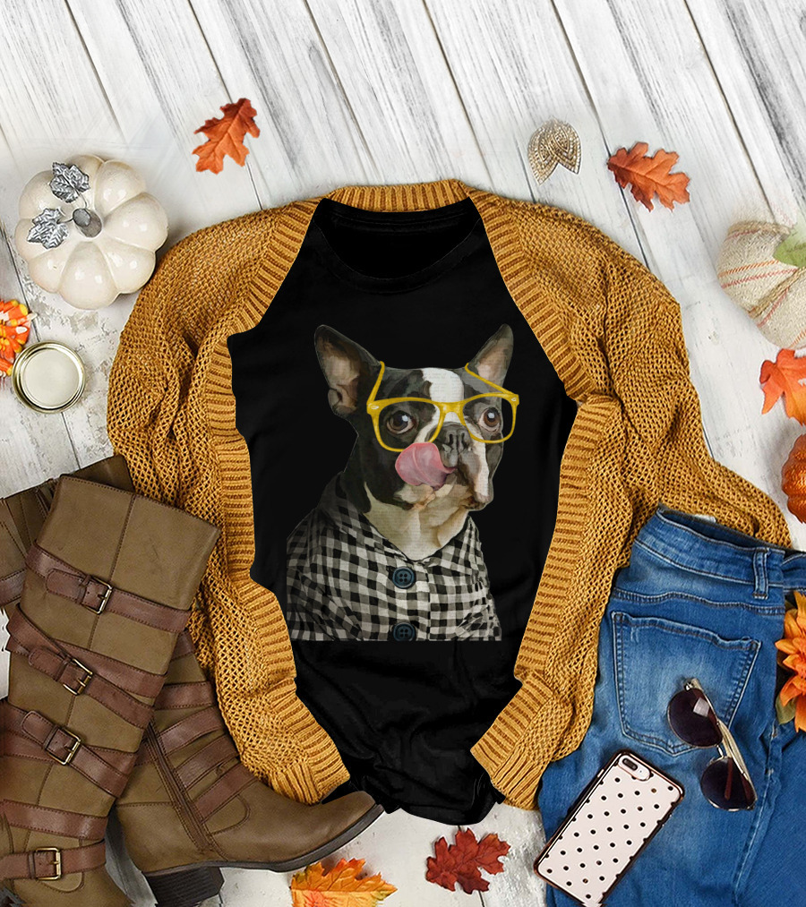 Bullgeek French Bulldog with Yellow Glasses Licking Nose in Black and White Checkered Jacket T-Shirt