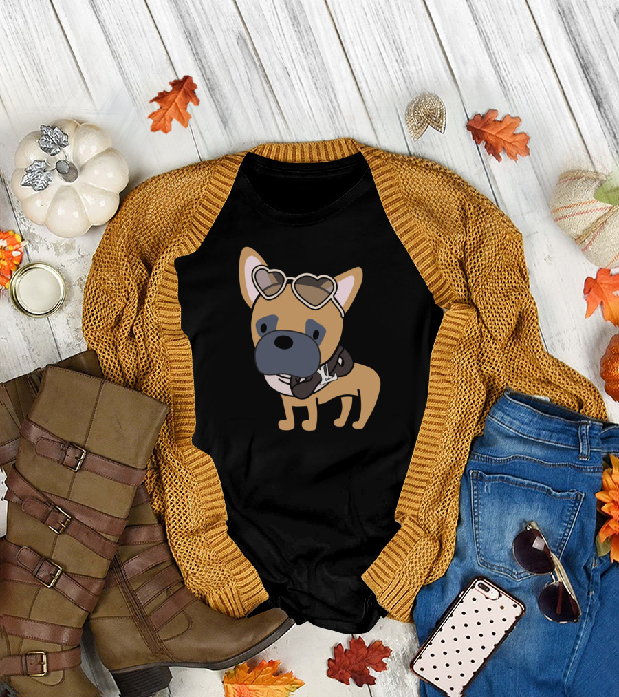 Channel the Frenchie in Stylish Heart Sunglasses and Chic Jacket T-Shirt