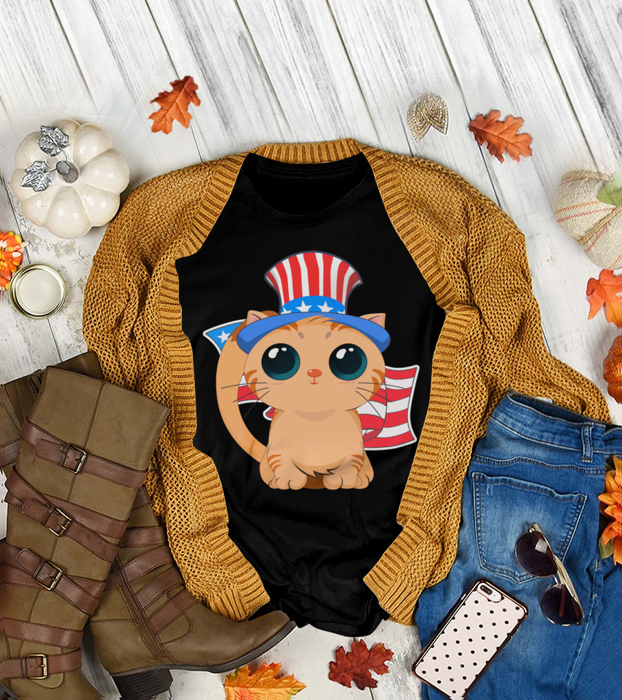 Patriot Cute Cat Wearing American Flag Hat with Stars for Independence Day T-Shirt