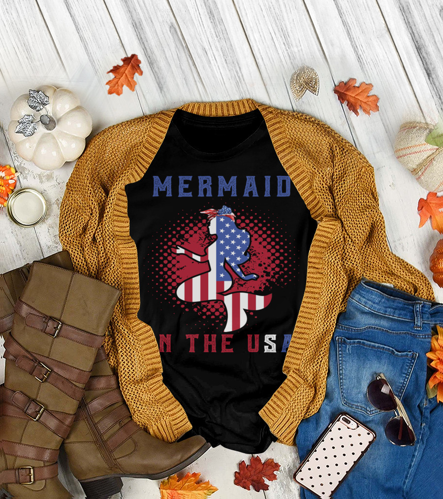 Mermaid In The USA American Flag Bandana Country T-Shirt