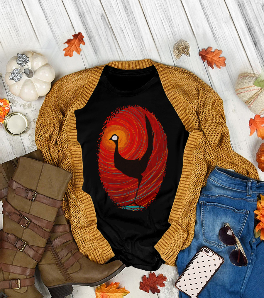 Orbital Chicken Red Swirls Silhouette with Cosmic Spiral Background T-Shirt