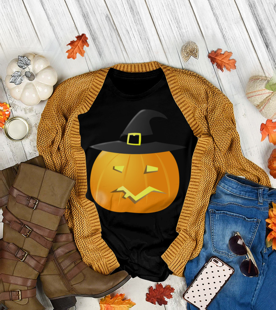 Witch Pumpkin with Black Hat Halloween Jack-O'-Lantern T-Shirt