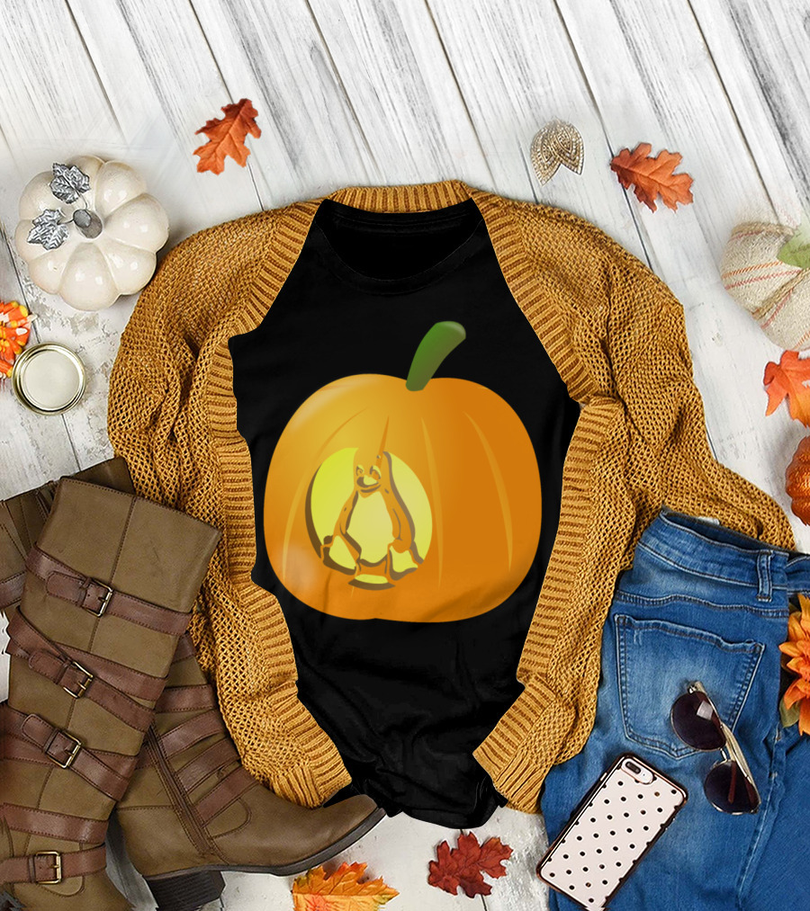 Tux Penguin Carved Inside Glowing Halloween Pumpkin T-Shirt