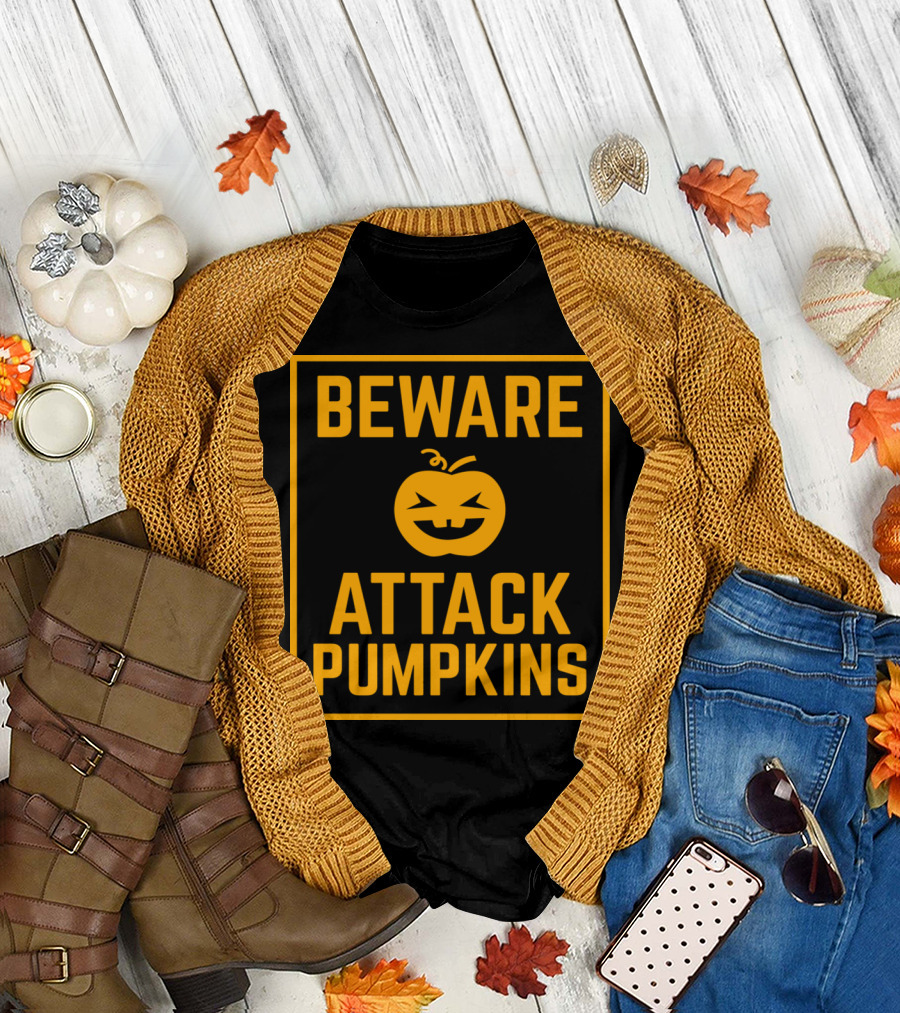 Beware of Jack-O'-Lantern Attack Pumpkins Warning T-Shirt