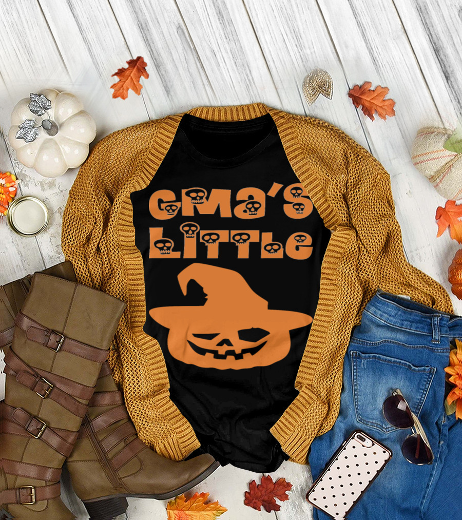 Gma's Little Halloween Pumpkin with Skull Accented Text and Witch Hat T-Shirt