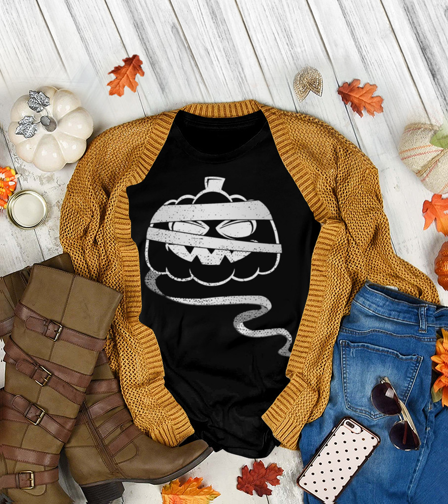 Spooky Mummy Pumpkin Halloween Face Wrapped in Bandages T-Shirt