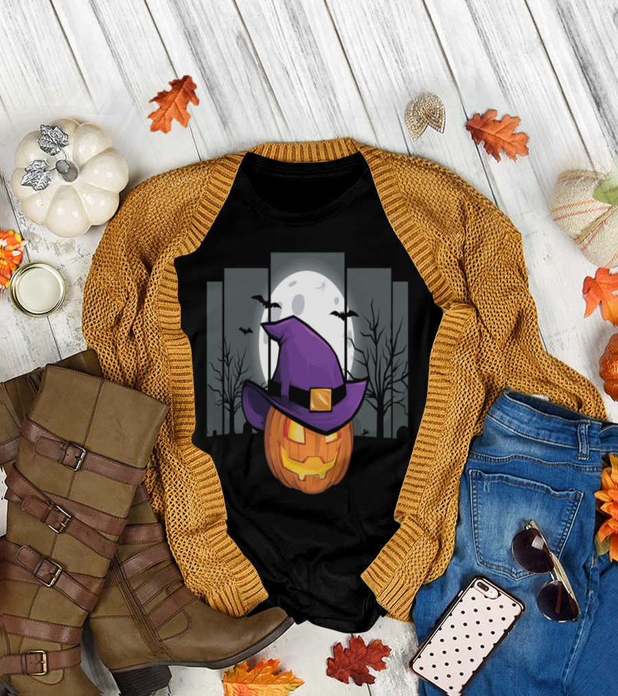 Halloween Pumpkin with Purple Witch Hat and Full Moon Background T-Shirt