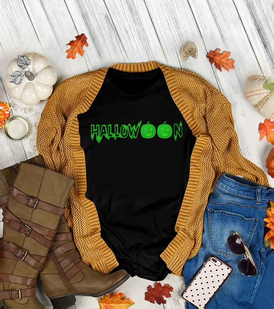 Halloween Hallowoon Pumpkin Face Green T-Shirt