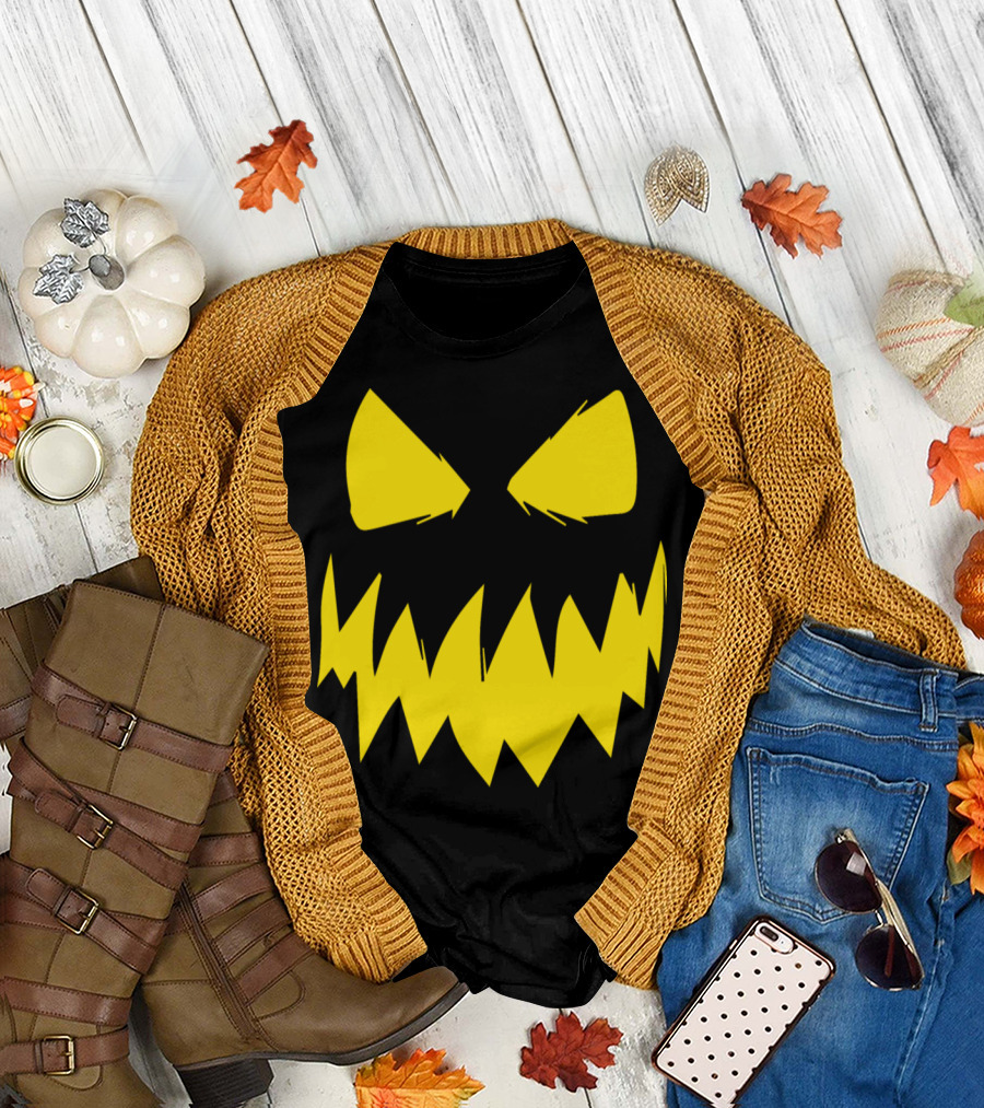 Spooky Yellow Halloween Pumpkin Face T-Shirt