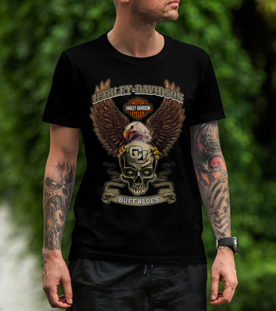 Harley Davidson Motor Cycles Cu Buffaloes Eagle Skull T-Shirt