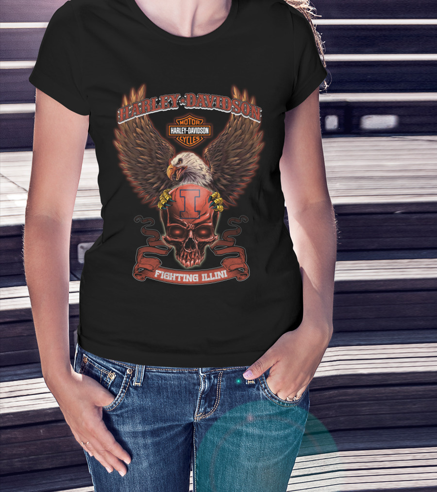 Harley Davidson Motor Cycles Eagle Skull Fighting Illini T-Shirt