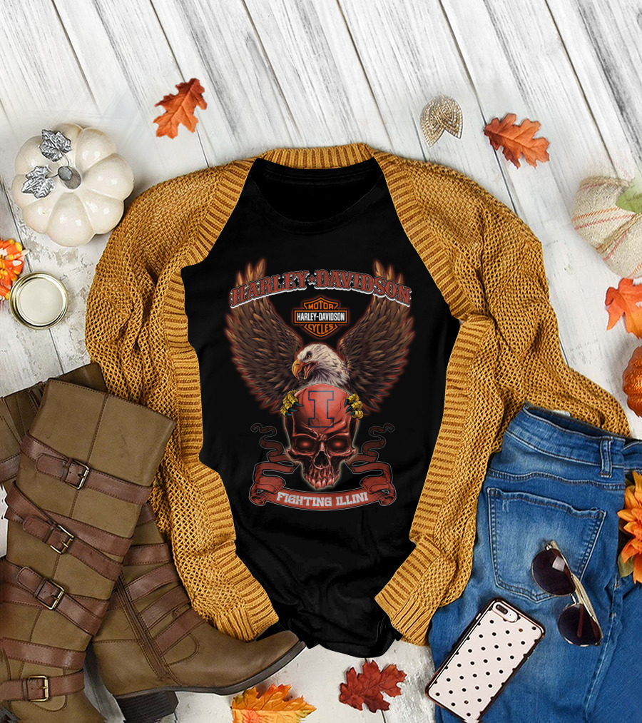 Harley Davidson Motor Cycles Eagle Skull Fighting Illini T-Shirt