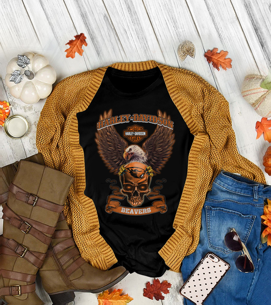 Harley Davidson Eagle Oregon State Beavers Skull T-Shirt