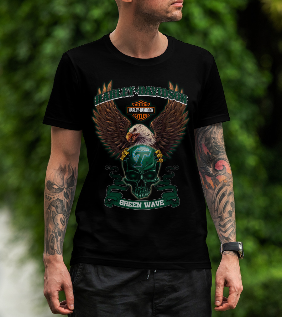 Harley Davidson Tulane Green Wave Eagle Skull T-Shirt