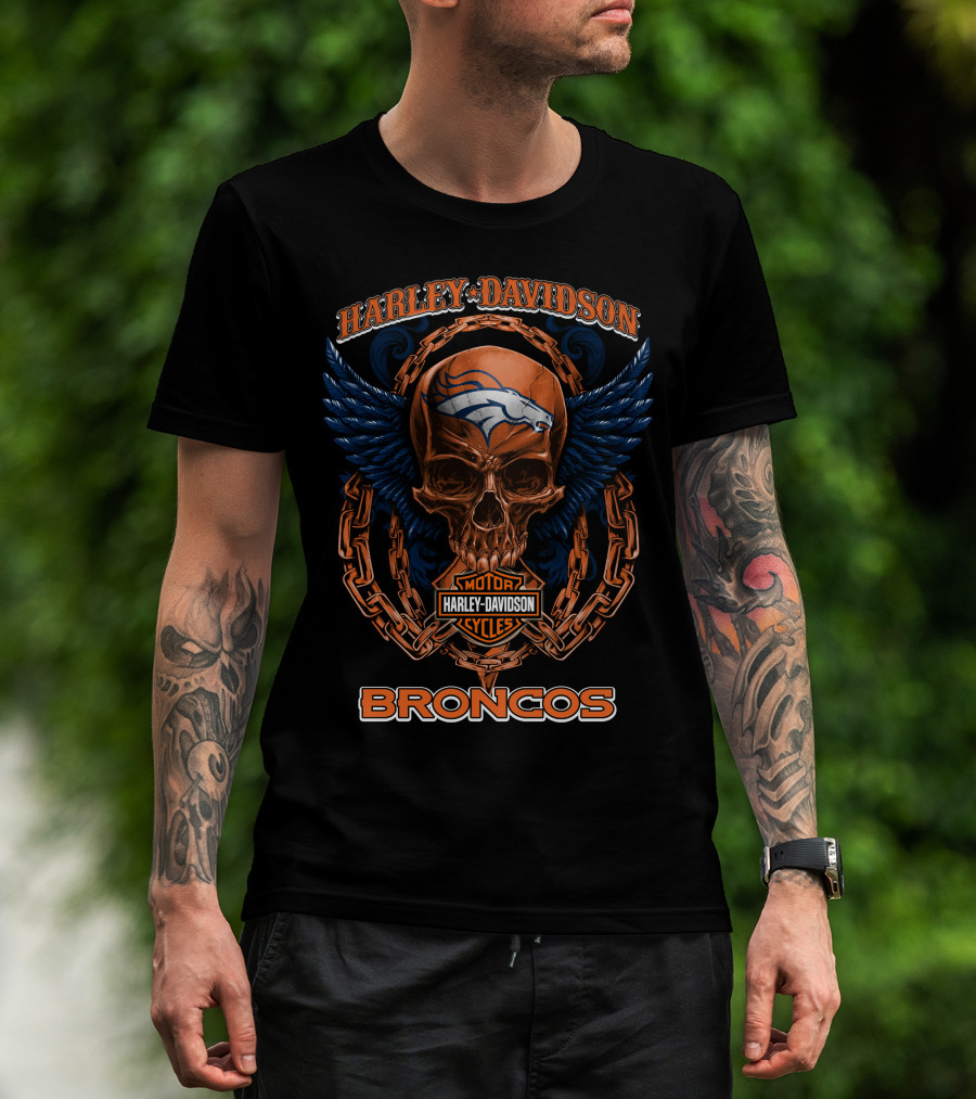 Harley Davidson Denver Broncos Skull Wings Chain T-Shirt