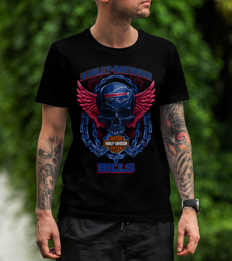 Harley Davidson Buffalo Bills Motor Cycles Skull Wings T-Shirt