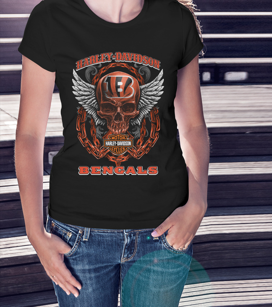 Harley Davidson Cincinnati Bengals Motorcycles Winged Skull Chain T-Shirt