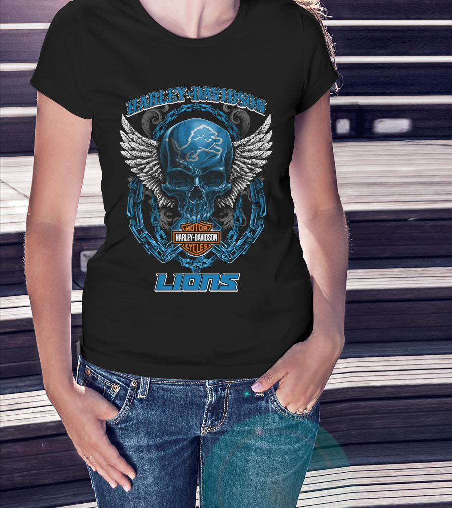 Harley Davidson Motor Cycles Detroit Lions Skull And Wings T-Shirt