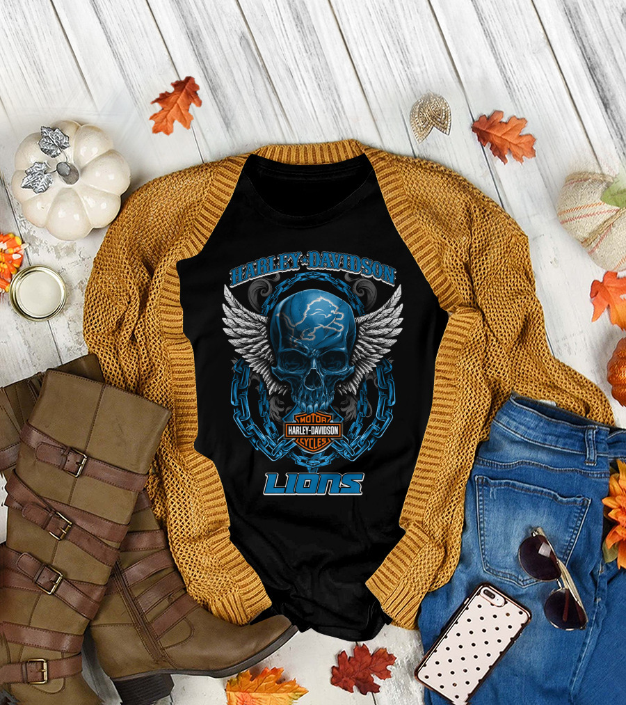 Harley Davidson Motor Cycles Detroit Lions Skull And Wings T-Shirt